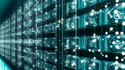 
A high-tech cryptocurrency mining farm with rows of powerful computers, glowing lights, and cooling systems, ultra-detailed