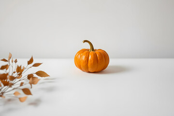 Small Pumpkin with Dry Branch on White Background