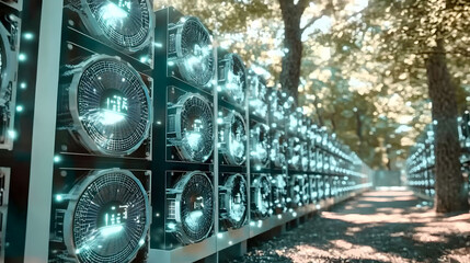 
A high-tech cryptocurrency mining farm with rows of powerful computers, glowing lights, and cooling systems, ultra-detailed