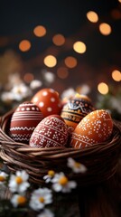 Elegant spring celebration with vibrant Easter eggs nestled in a rustic basket amid blooming flowers on a wooden table