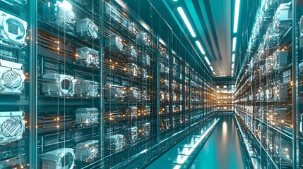 
A high-tech cryptocurrency mining farm with rows of powerful computers, glowing lights, and cooling systems, ultra-detailed