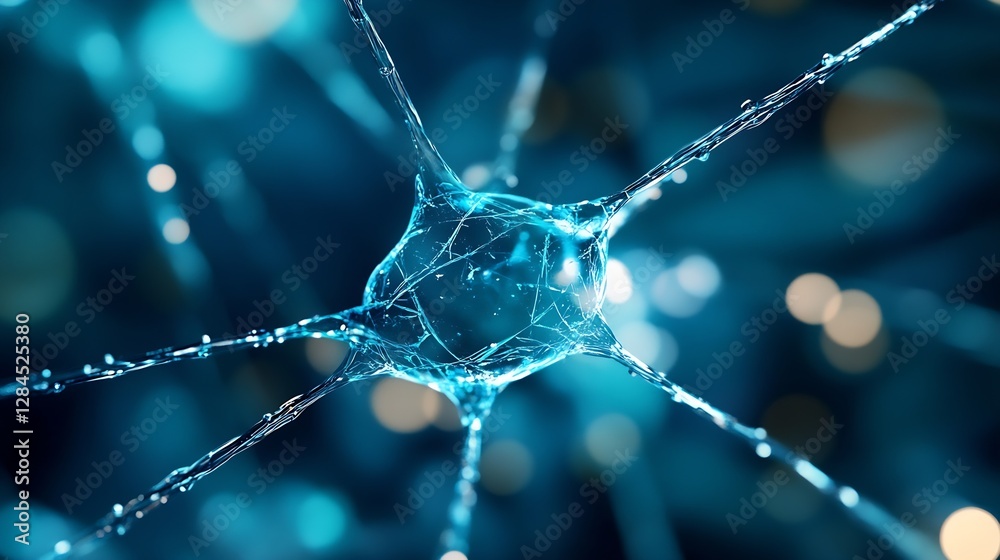 Aufkleber closeup view of neuron cell with blue lights and detailed structure : generative ai