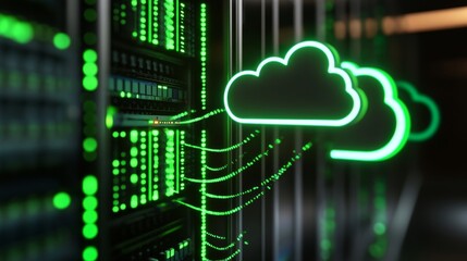 Futuristic data flow  servers illuminated by green neon light and glowing cloud streams