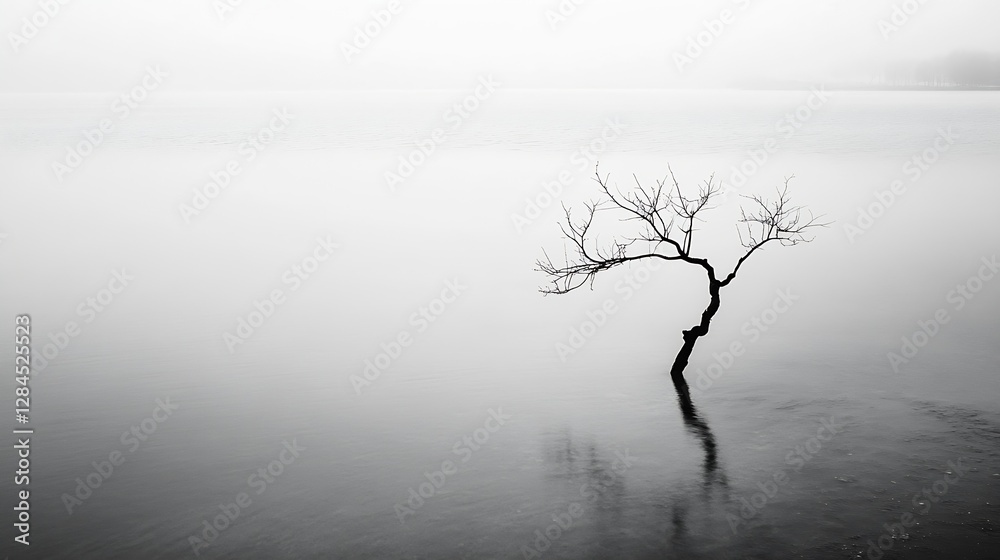 Aufkleber Alone Dry Tree in a Misty Landscape By the Calm Water Surface Creating a Serene Black and White Scene : Generative AI