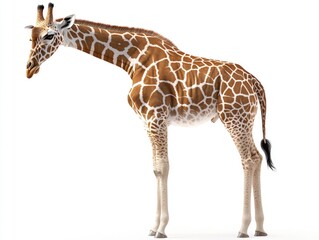 Fototapeta premium Giraffe standing in front of white background, possibly for use in nature documentaries, educational materials or tourism promotions.