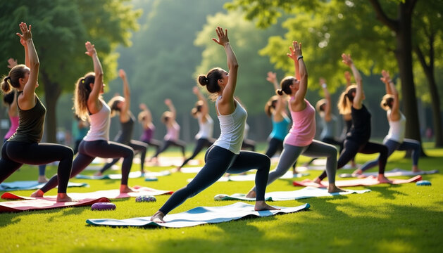 Community Wellness: Large Group Yoga Practice in Nature, Group yoga class in park