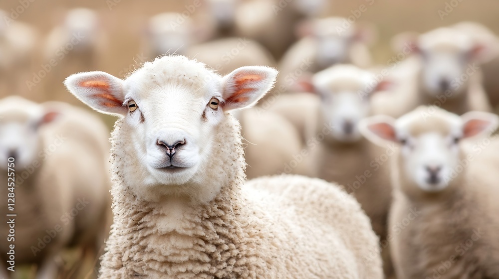 Poster A curious sheep looking at the camera with a herd of sheep in the background on a farm : Generative AI