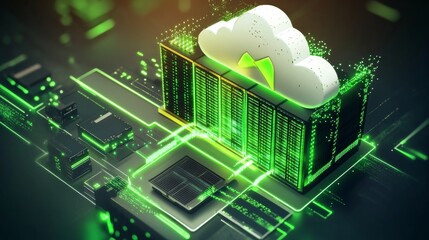Futuristic data interaction  servers bathed in green neon light and glowing cloud streams