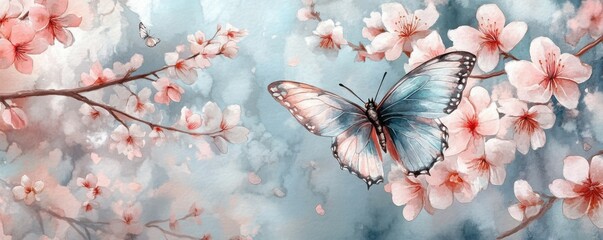 Butterfly among cherry blossoms in a dreamy watercolor garden