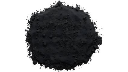 A dense mound of dark powder, featuring a textured surface and subtle variations in color, resembling fine soot or charcoal.