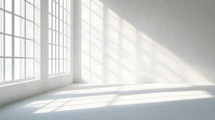 Fototapeta premium A clean, white room with sunlight streaming in through the window, casting shadows on an empty wall