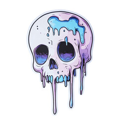 Colorful melting skull illustration with dripping details and vibrant hues of purple and blue