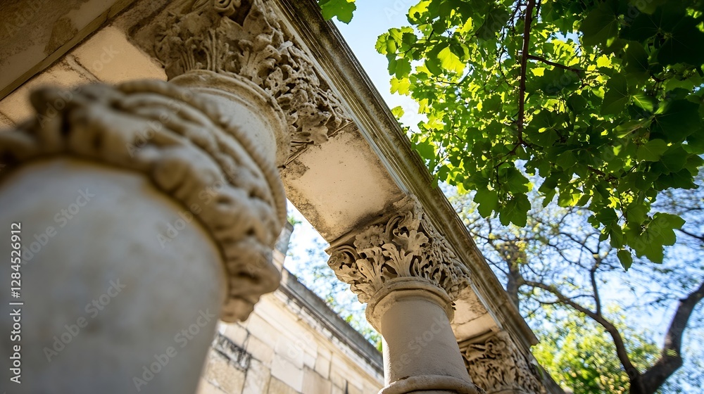 Poster Scenic View of Ancient Architectural Columns Framed by Lush Greenery and Brilliant Light : Generative AI