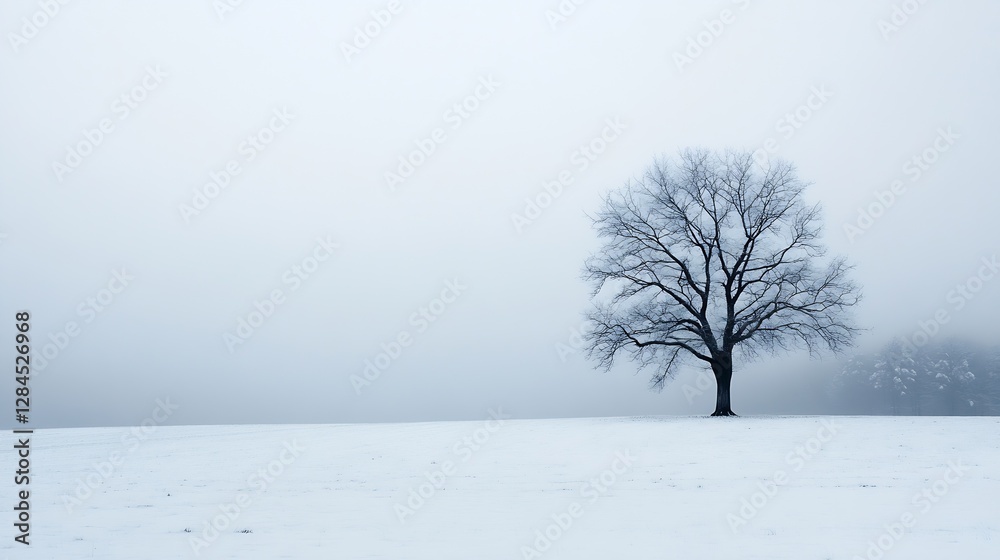 Poster Isolated tree in a foggy atmosphere with a snowy ground creating a serene winter landscape : Generative AI