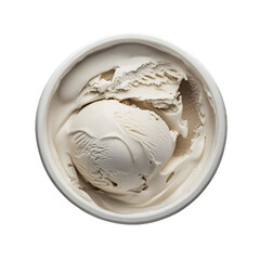 Top view of creamy vanilla ice cream scooped into a white bowl