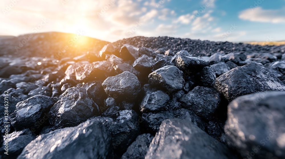 Leinwandbilder Closeup view of black coal stones with sun shining in the background creating a warm glow : Generative AI