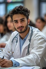 Obraz premium Young male medical student in a laboratory setting, focused on studies with a stethoscope.