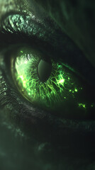 Fototapeta premium A high-resolution close-up of an eerie alien eye featuring glowing green veins and a reptilian texture