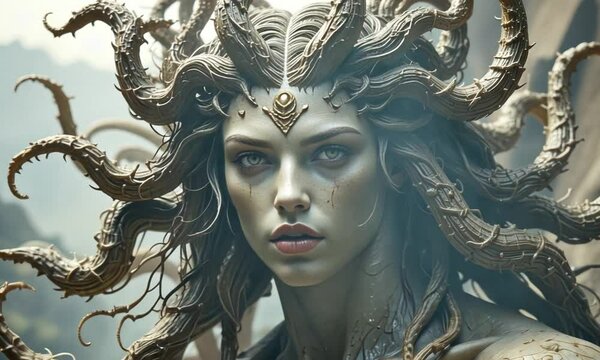 A powerful Medusa figure with snakes in her hair, staring fiercely, symbolizing mythology and mystery. Concept of ancient legends and power