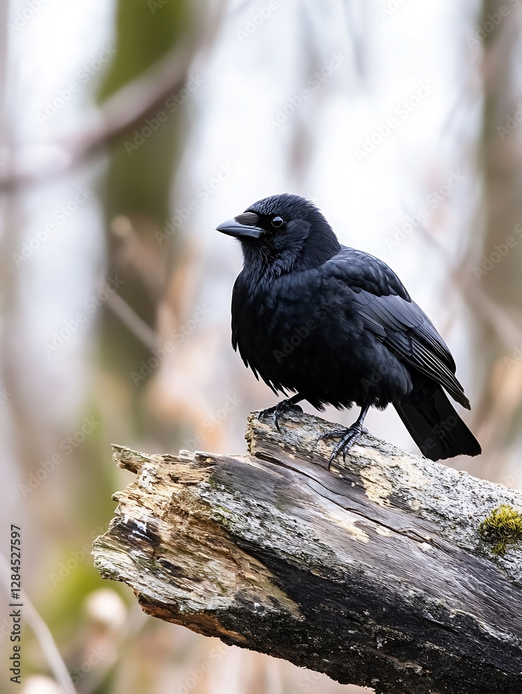 Poster graceful black bird sitting on a log in a natural habitat captured in stunning detail : generative a