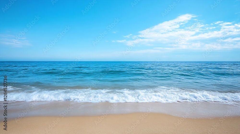 Poster beautiful tranquil beach scene with azure waves lapping against the golden sandy shore under a brigh