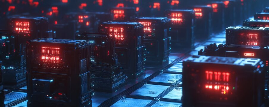 Rows of glowing servers in futuristic data center with blue and red lighting