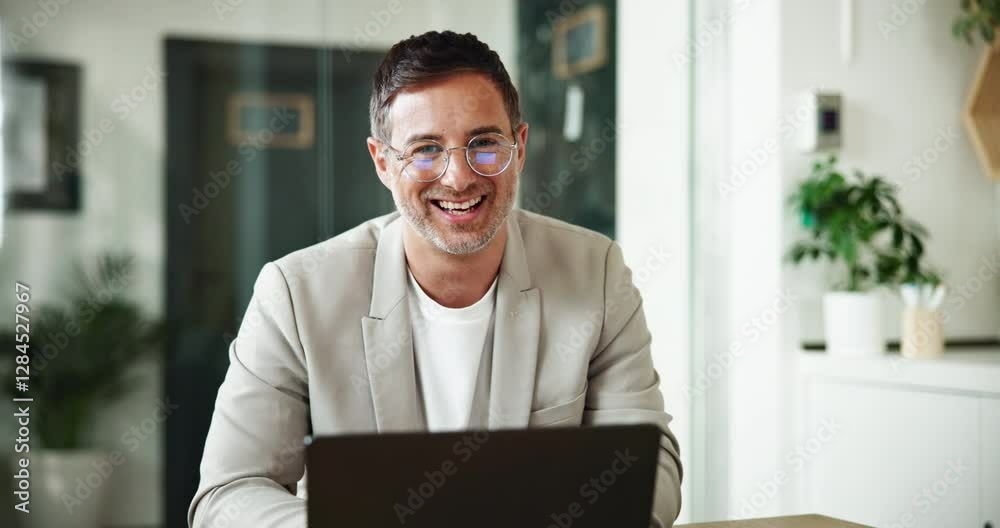 Poster face, business and man in office, laptop and smile with planning for project, internet and research.