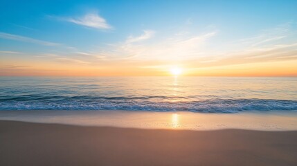 Fototapeta premium Tranquil beach at sunset with gentle waves reflecting hues of orange and blue across the serene water surface : Generative AI