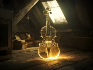 violin, rustic attic, warm light, musical instrument, aged wood