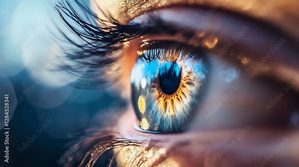 Poster close up of a beautiful blue eye highlighting its intricate details and vibrant colors in a stunning