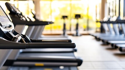 Obraz premium Modern fitness gym interior featuring numerous treadmills and fitness equipment illuminated by bright natural light : Generative AI