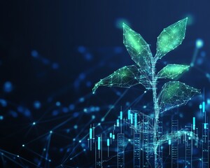 A low poly wireframe plant intertwining with candlestick charts, symbolizing the growth of investment, dark blue digital background, futuristic abstract art, 8K resolution