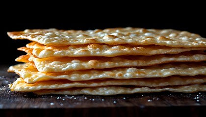 A Stack Of Crispy Cracker Bread Pieces On A Dark Surface