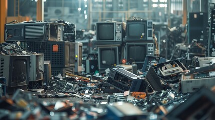 A room filled with old electronic devices and household appliances. Attention is paid to old TVs and other electronic devices. Warehouse or center for processing electronics.