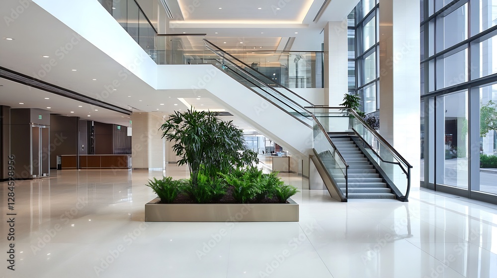 Poster Modern office lobby featuring a staircase and lush greenery in a bright open space : Generative AI