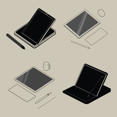 Modern Workstation Silhouette with Laptop and Accessories