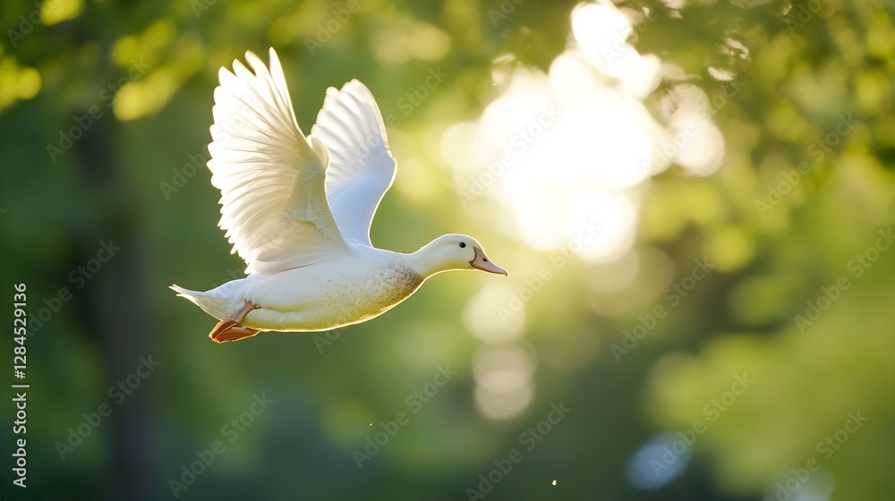 Poster A graceful white duck in flight captured against a soft glowing background of nature : Generative AI
