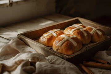 Wooden tray with freshly baked hot cross buns, golden-brown and glazed, featuring iconic white crosses. Rustic linen napkins and cinnamon sticks enhance the cozy, traditional aesthetic