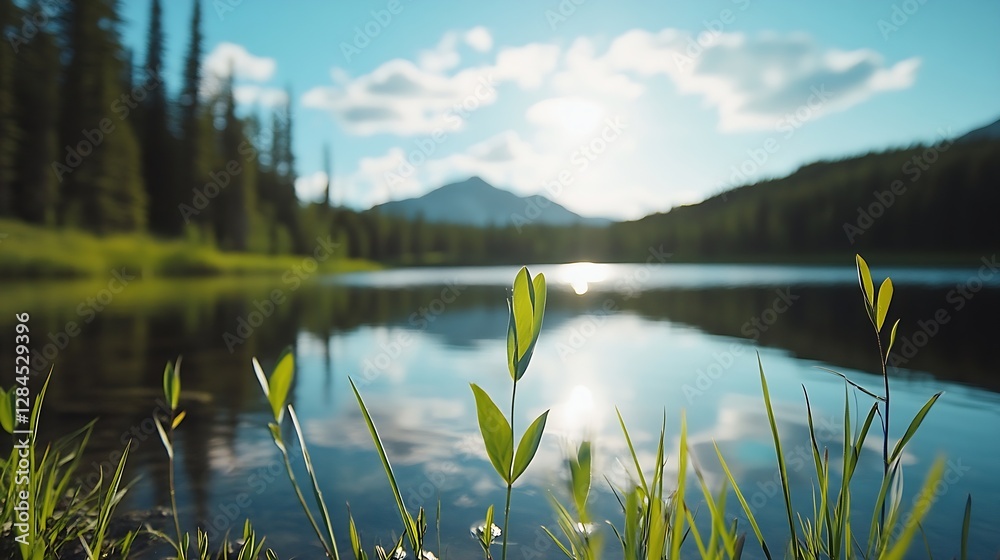 Poster serene lake reflecting nature surrounded by lush greenery and mountains under a clear blue sky creat