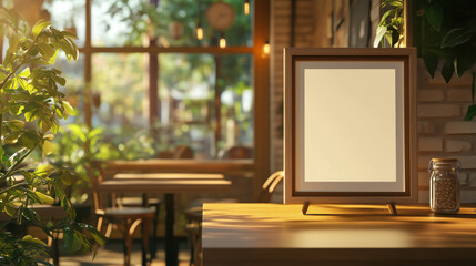 Frame Mockup in a Cozy Coffee Shop Setting with Wooden Tables, Warm Lighting, and Relaxed Atmosphere for Showcasing Lifestyle or Artistic Products