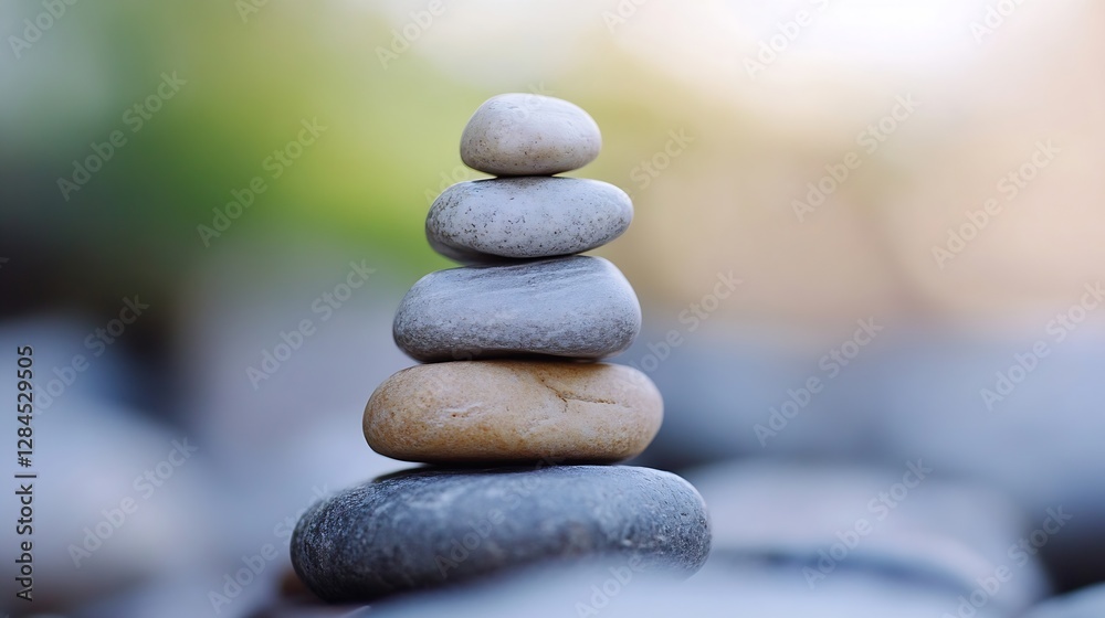 Poster stacked smooth stones representing balance and tranquility in a natural setting with a blurred backg
