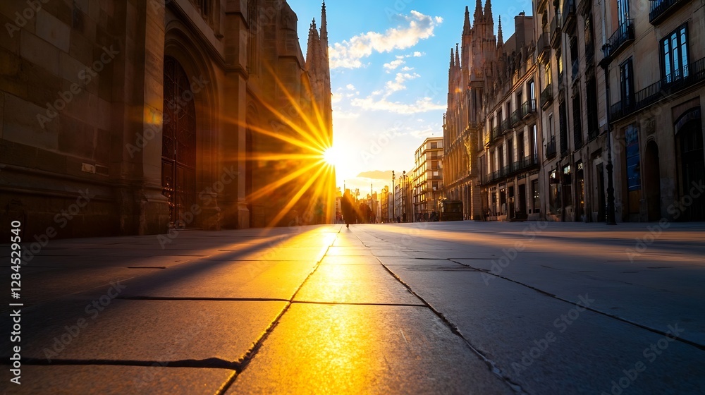 Poster Historic street illuminated by sunset rays showcasing intricate architecture in a vibrant city setting : Generative AI