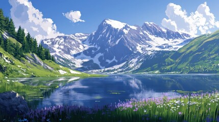 Serene mountain landscape with snowy peaks and reflective lake