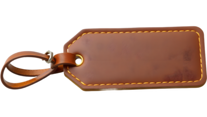 A brown leather tag with a loop, featuring a smooth surface and contrasting stitching, suitable for labeling or identification purposes.