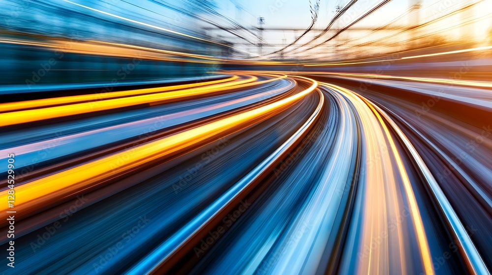 Poster Dynamic motion blur of train tracks and illuminated streaks capturing the essence of speed : Generative AI