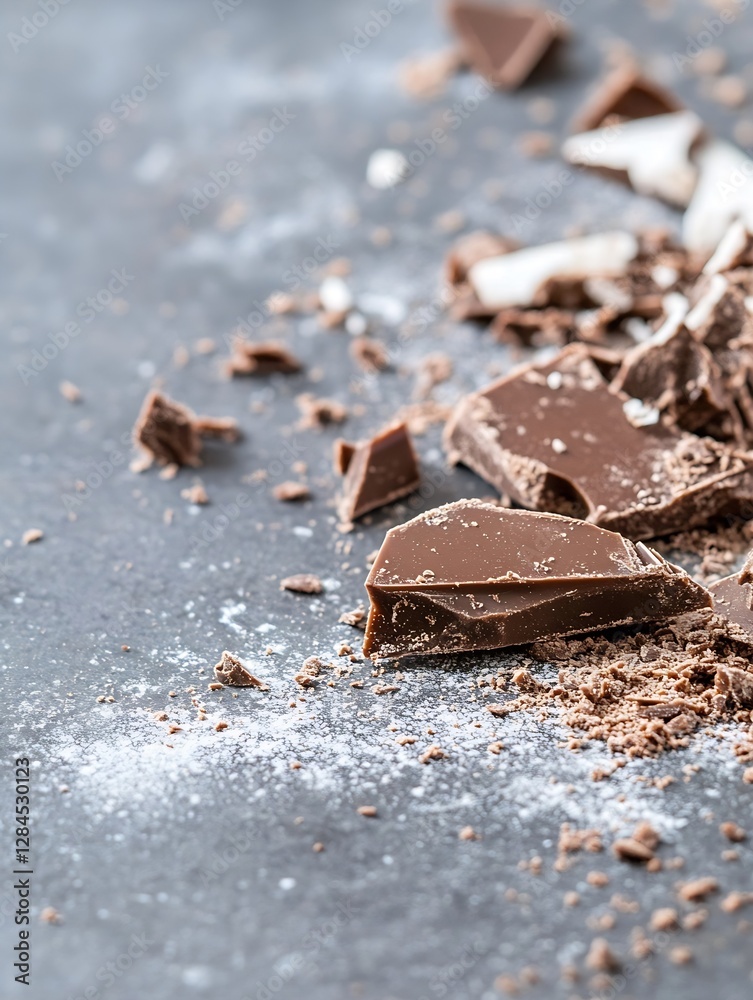 Aufkleber Artistic close up of various types of chocolate broken into pieces scattered on a textured surface : Generative AI
