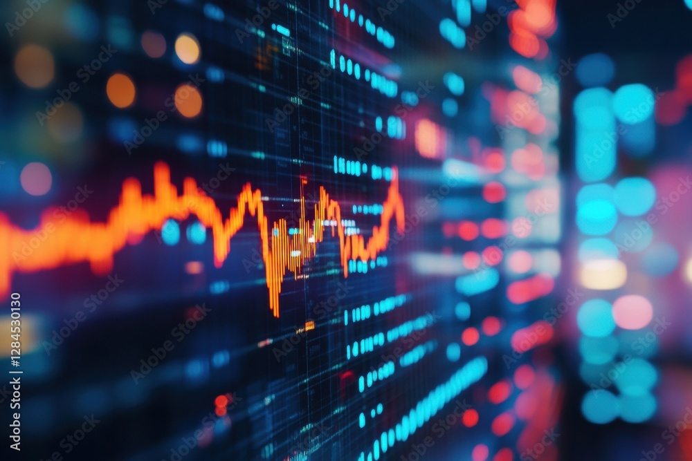 Aufkleber Financial data visualized on a digital screen with colorful graphs displaying market trends during nighttime. Generative AI