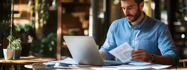 Photo of an entrepreneur in a blue shirt sitting at a table with a laptop and papers, holding a bill or ticket while working on financial paperwork in a coffee shop
