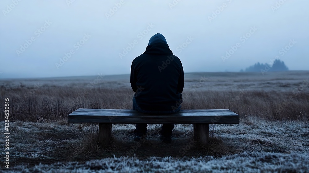 Poster solitary figure sitting on a bench in a misty field evoking feelings of isolation and contemplation 