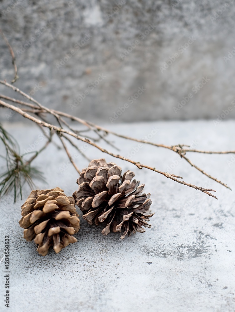 Aufkleber natural pine cones and twigs on a textured gray background showcasing rustic elements : generative a